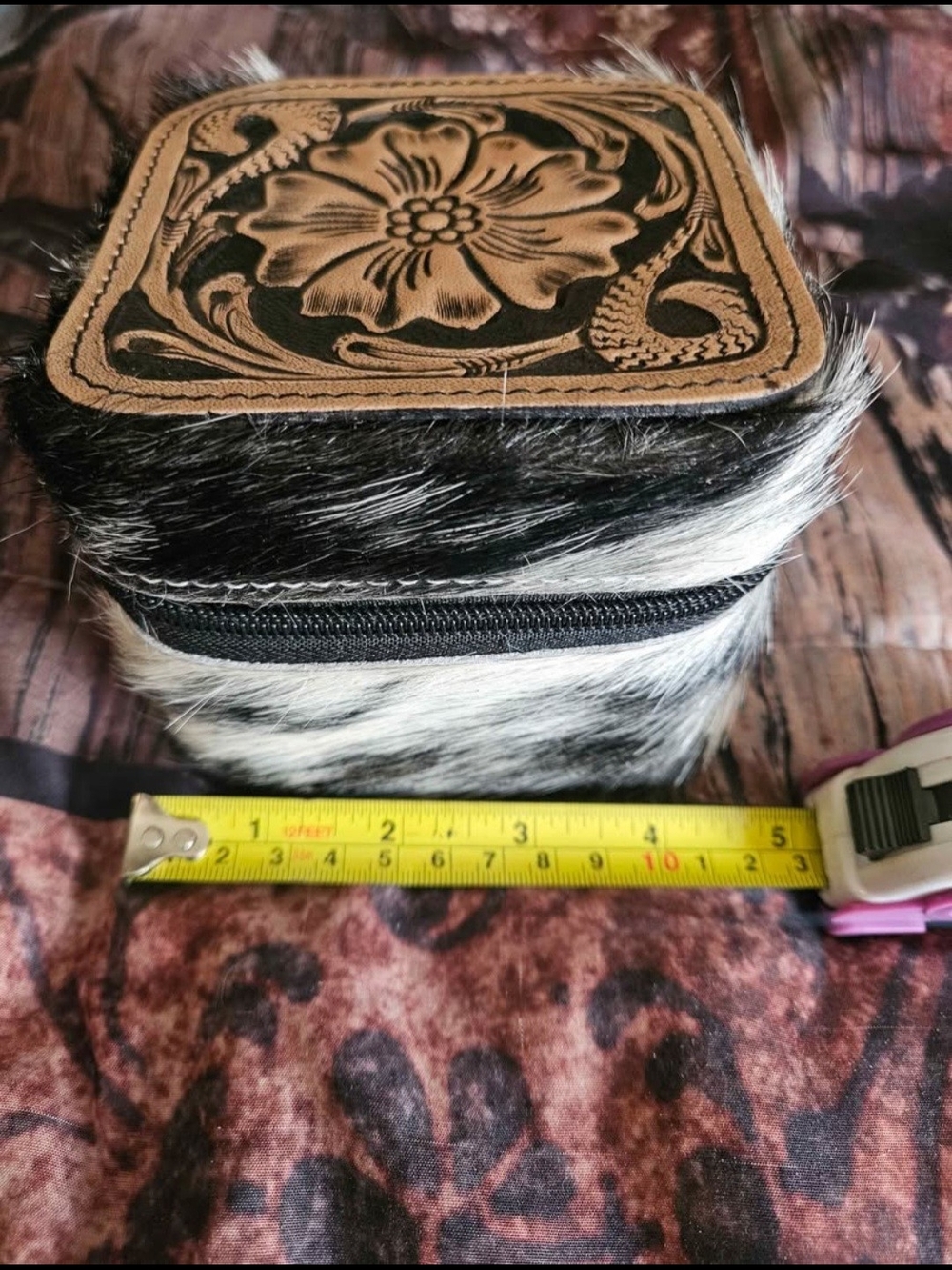 Hair-On Hide Jewelry Case with Tooled Floral Leather Top